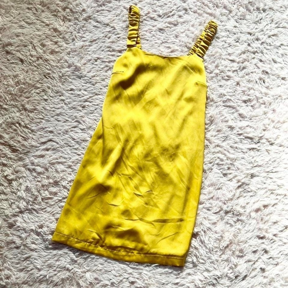 Sunshine Satin Mini Dress‎ Ruched Strap Open Back Womens L Minimalist Dopamine
